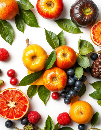 Fruits and berries on a white background. Flat lay, top viewの写真素材