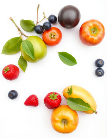 Fresh fruits and berries isolated on white background. Healthy food concept.