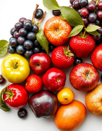 Fruits and vegetables on a white background. Shallow dof.