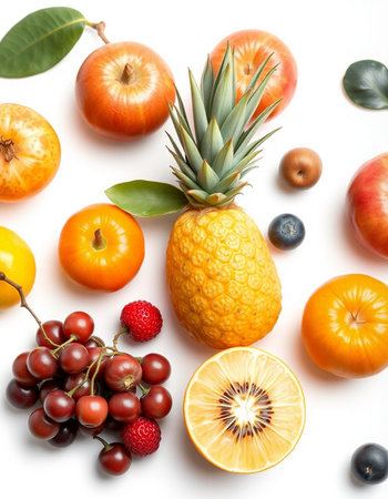 Fruits and vegetables on white background. Flat lay, top viewの写真素材