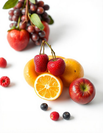 Fresh fruits on white background. Healthy food concept. Selective focus.の写真素材