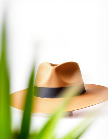 hat on a white background with a shadow of the leaves of a plantの写真素材