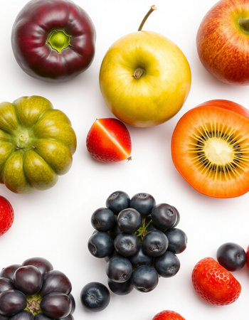 Fruits and vegetables on a white background. Flat lay, top view.