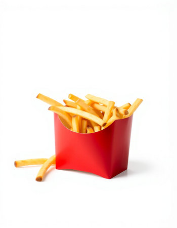 French fries in a red box on a white background. Isolated