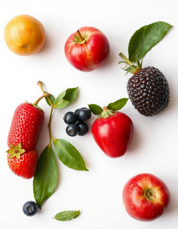 Fruits and berries on a white background. Flat lay, top viewの写真素材