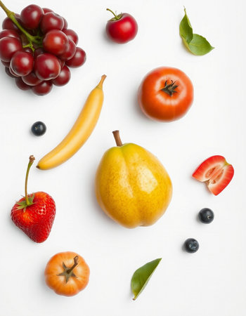 Flat lay composition with fresh fruits and vegetables on white background, top viewの写真素材