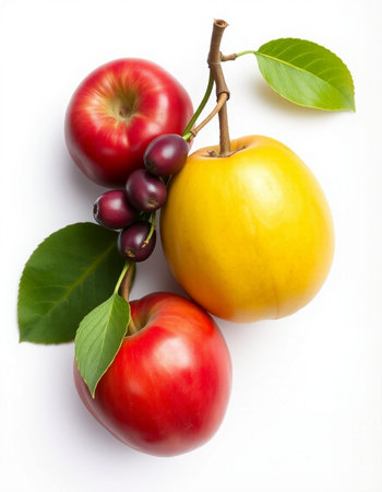 Red and yellow apples with leaves on a white background, top viewの写真素材