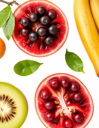 Set of fresh fruits isolated on white background. Top view. Flat lay.の写真素材