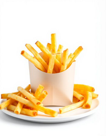 French fries in paper box isolated on white background. Selective focus.