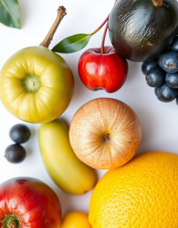 Fruits and vegetables isolated on white background. Flat lay, top viewの写真素材