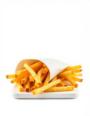 Crispy french fries in a white bowl on a white backgroundの写真素材