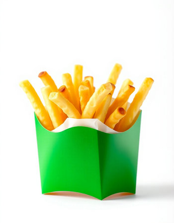 French fries in a green box on a white background. Isolated