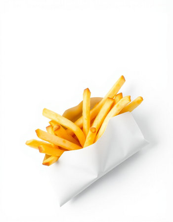 French fries in paper bag isolated on white background. Top view.