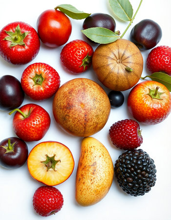 Fruits and berries on a white background, close-up.