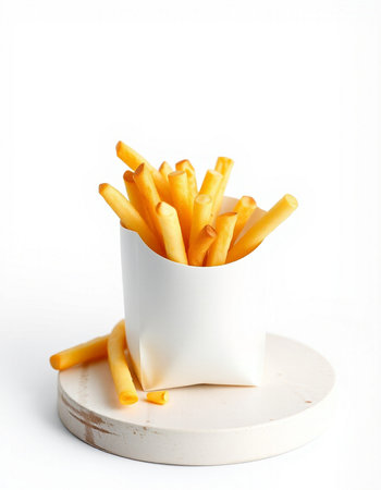 French fries in a white cup on a white background. Fast food.