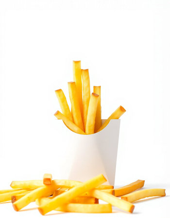 French fries in a white paper box on a white background. Isolated