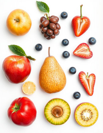 Fruits and berries isolated on white background. Flat lay, top viewの写真素材