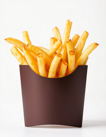 French fries in a paper box on a white background, fast foodの写真素材