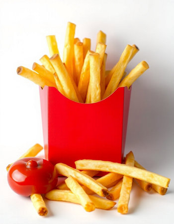 French fries in a red box on a white background close-up