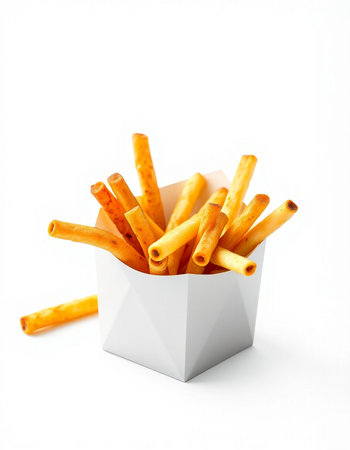 French fries in paper box isolated on white background. Fast food.