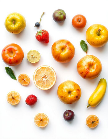 Fruits on the white background. Flat lay, top view.の写真素材