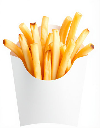 French fries in a white box on a white background, isolated.