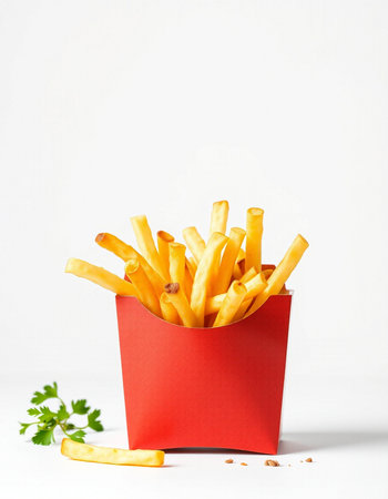 French fries in a red box on a white background with parsley
