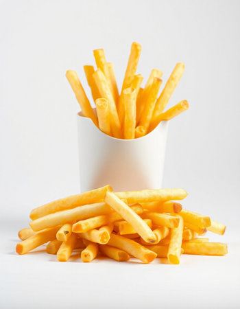 French fries in a white cup on a white background. Selective focus