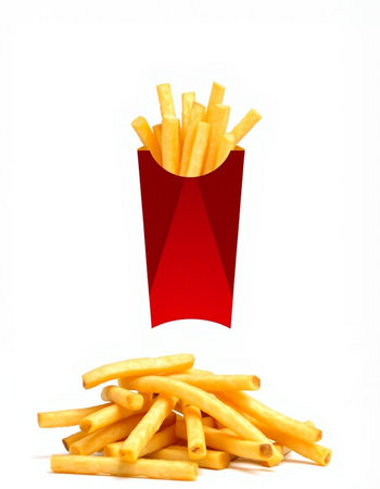 French fries in a red box on a white background, fast food