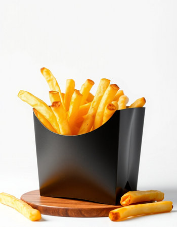 French fries in a black box on a white background. Fast food.の写真素材