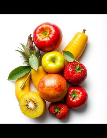 Fruits and vegetables isolated on a white background. Top view.の写真素材