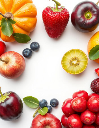 Composition with different fruits and vegetables on white background, top viewの写真素材