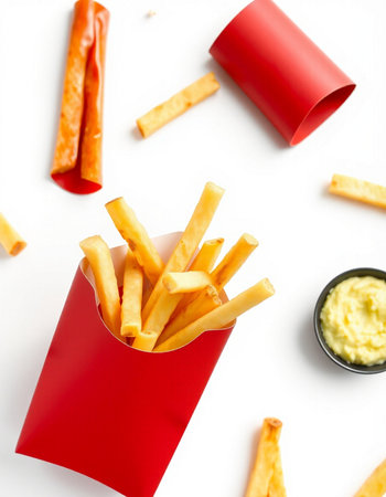 French fries with mayonnaise and mayonnaise on white background