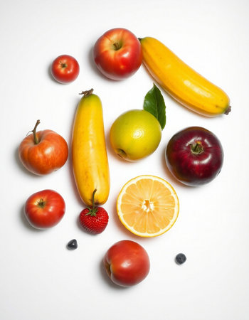 Fruits and vegetables on a white background. Healthy eating concept.の写真素材