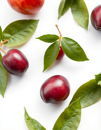 Ripe nectarines with green leaves on a white background.