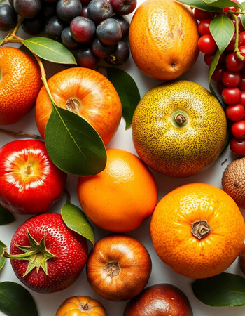 Fruit background with apples, oranges, grapefruits and berries