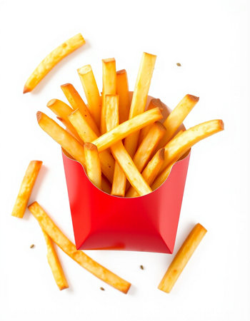 French fries in a red box on a white background, top view