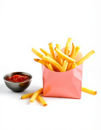 French fries with ketchup isolated on white background. Selective focus.