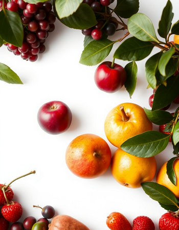 Fruits and berries on a white background. Flat lay, top view