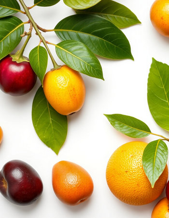Fruits and leaves on a white background. View from above.