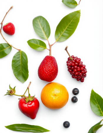 Fruits and berries with leaves isolated on white background. Top view.の写真素材