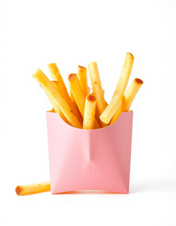 French fries in a pink box on a white background. Isolated