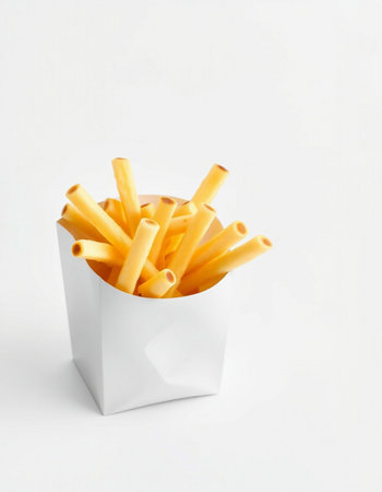 French fries in a white box on a white background. Fast foodの写真素材
