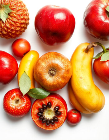 Fruits and vegetables isolated on a white background. Top view.の写真素材