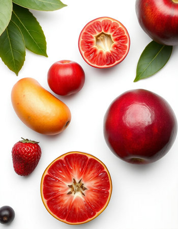 fresh fruits isolated on white background. Top view. Flat lay patternの写真素材