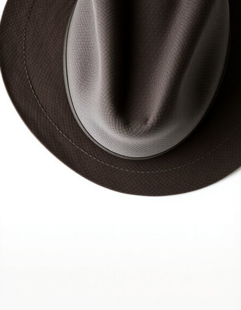 Close-up of a brown hat on white background with copy spaceの写真素材
