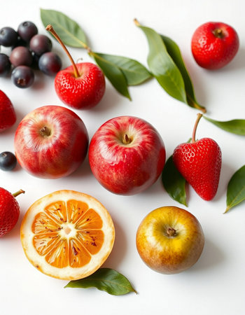 Fruits and berries on a white background. Flat lay, top view