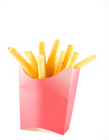 French fries in pink paper box isolated on white background, selective focus