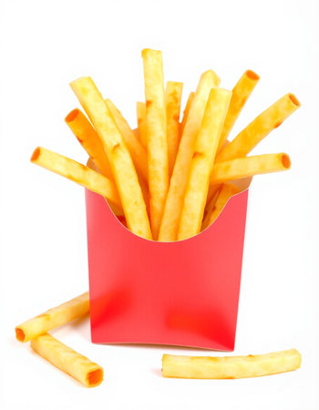 French fries in a red box on a white background. Isolated