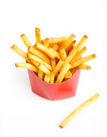 French fries in a red box isolated on white background. Selective focus.